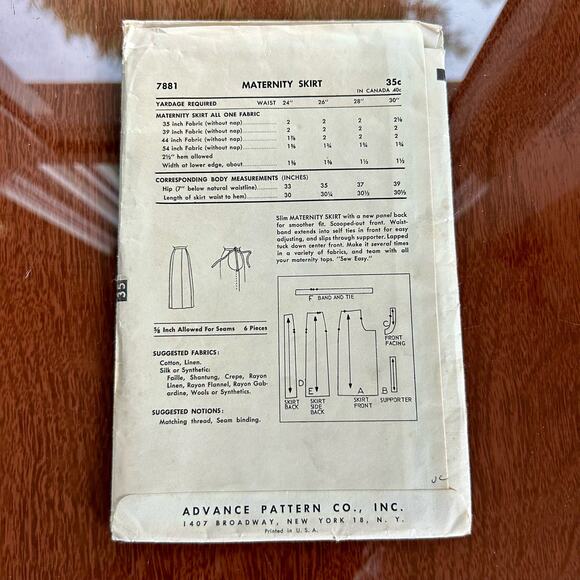 Vintage 1950s Advance Easy Sew Maternity Pencil Skirt Pattern 7881 Waist 26 - Picture 2 of 7